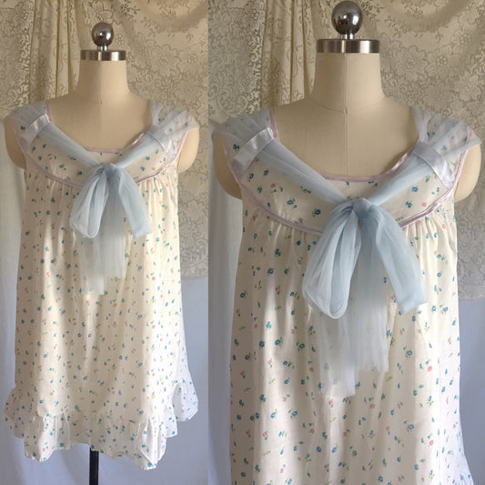 Vintage 1960's Babydoll Nightie | White Cotton with Floral Pattern & Blue Nylon Chiffon Pussy Bow | Size M - Daggers & Dames