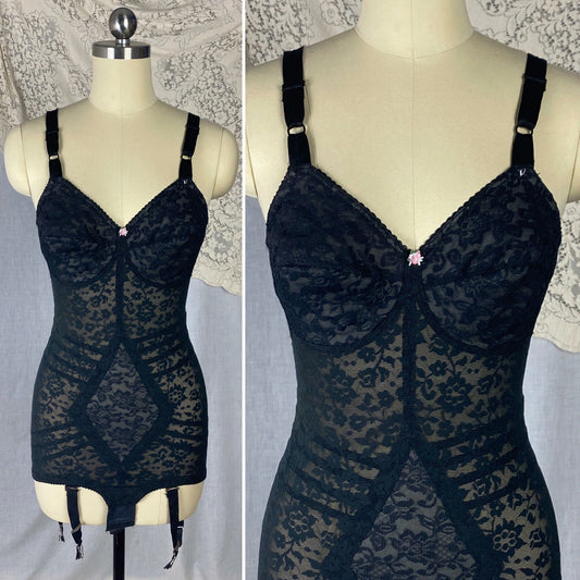 Vintage 1960's Bodysuit | Black Lace Nylon & Spandex with Detachable Garters | Size 34 C, 36 B, 32 D | Rago Shapewear - Daggers & Dames