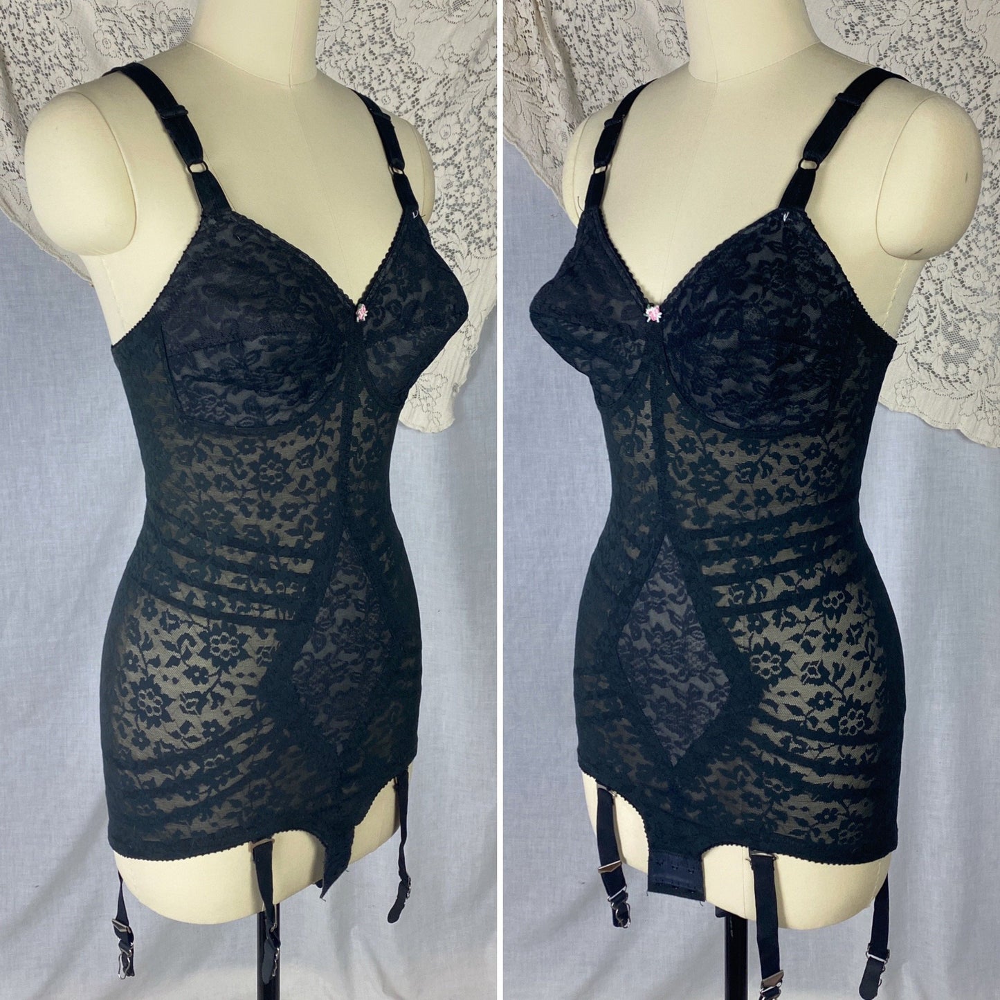 Vintage 1960's Bodysuit | Black Lace Nylon & Spandex with Detachable Garters | Size 34 C, 36 B, 32 D | Rago Shapewear - Daggers & Dames
