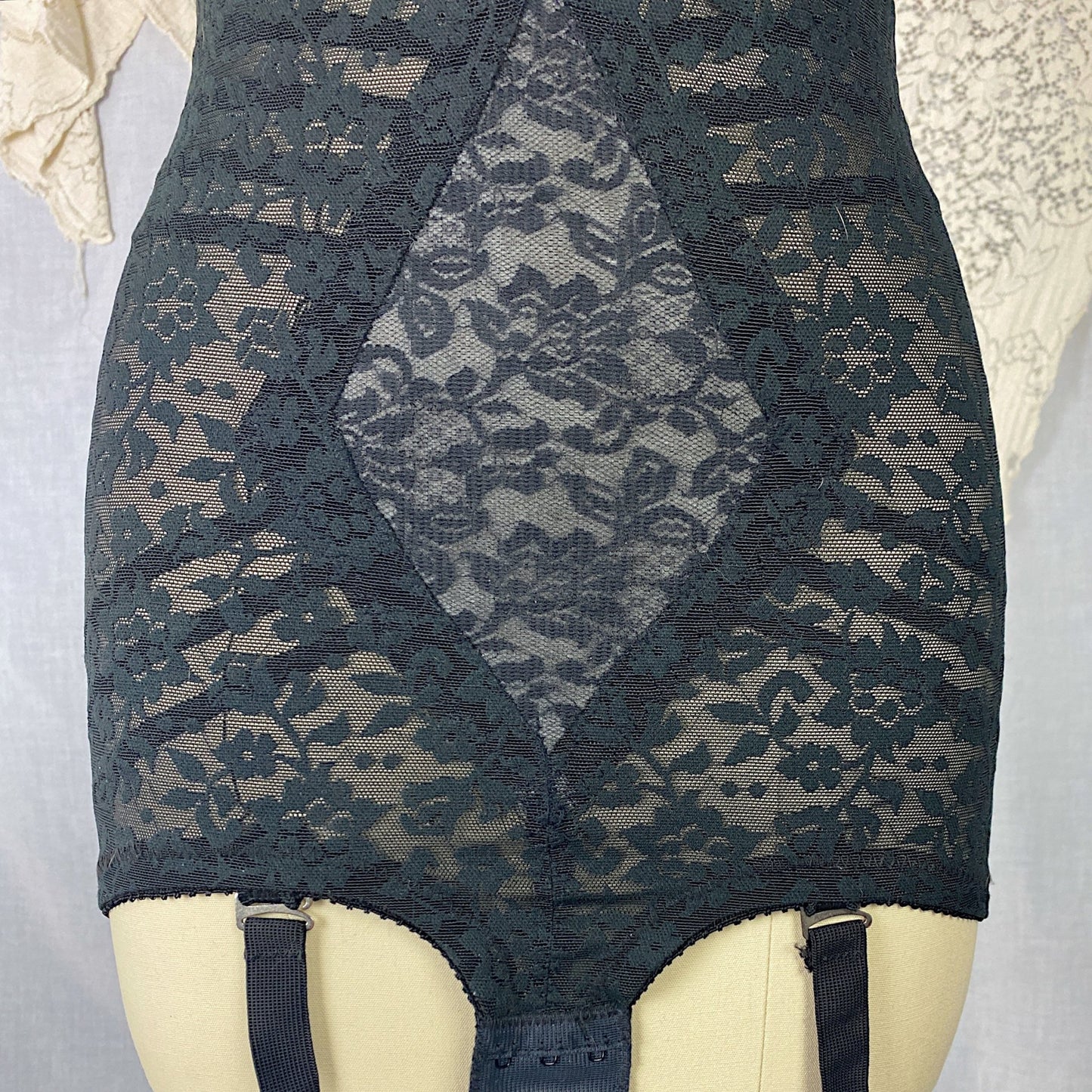 Vintage 1960's Bodysuit | Black Lace Nylon & Spandex with Detachable Garters | Size 34 C, 36 B, 32 D | Rago Shapewear - Daggers & Dames