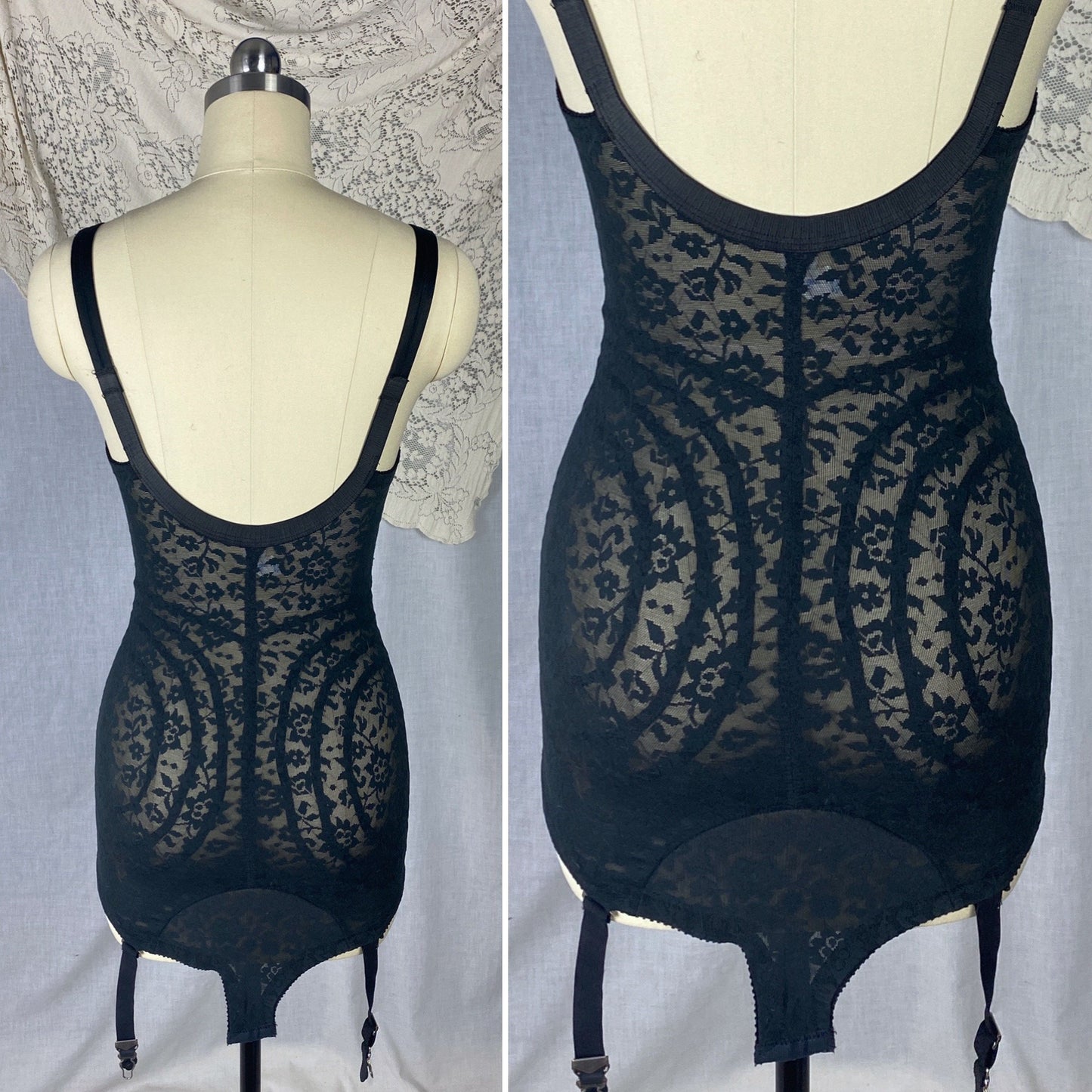 Vintage 1960's Bodysuit | Black Lace Nylon & Spandex with Detachable Garters | Size 34 C, 36 B, 32 D | Rago Shapewear - Daggers & Dames