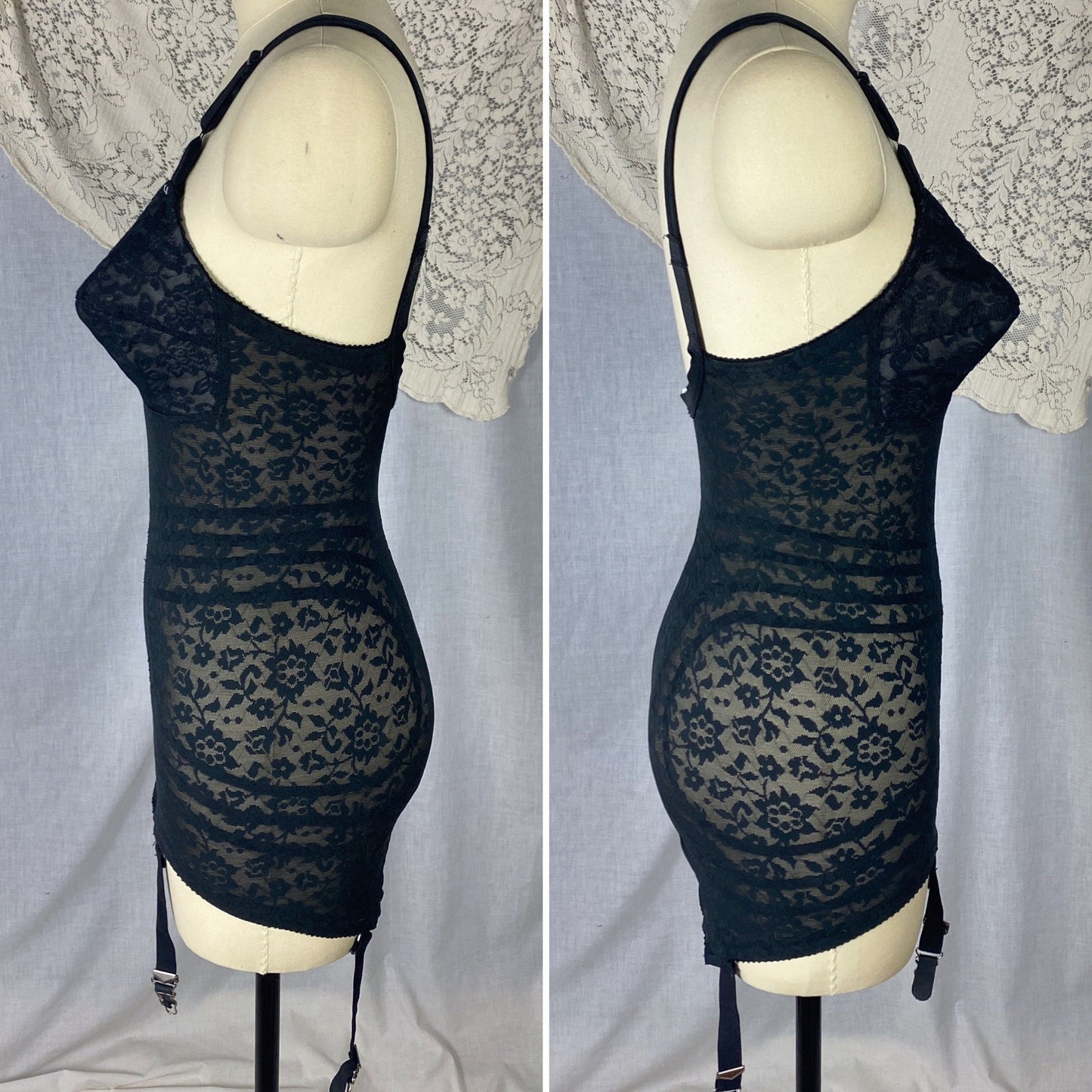 Vintage 1960's Bodysuit | Black Lace Nylon & Spandex with Detachable Garters | Size 34 C, 36 B, 32 D | Rago Shapewear - Daggers & Dames