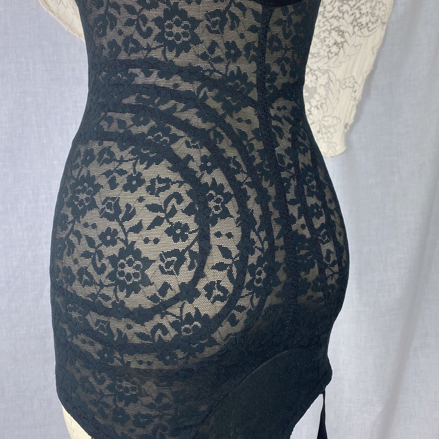Vintage 1960's Bodysuit | Black Lace Nylon & Spandex with Detachable Garters | Size 34 C, 36 B, 32 D | Rago Shapewear - Daggers & Dames