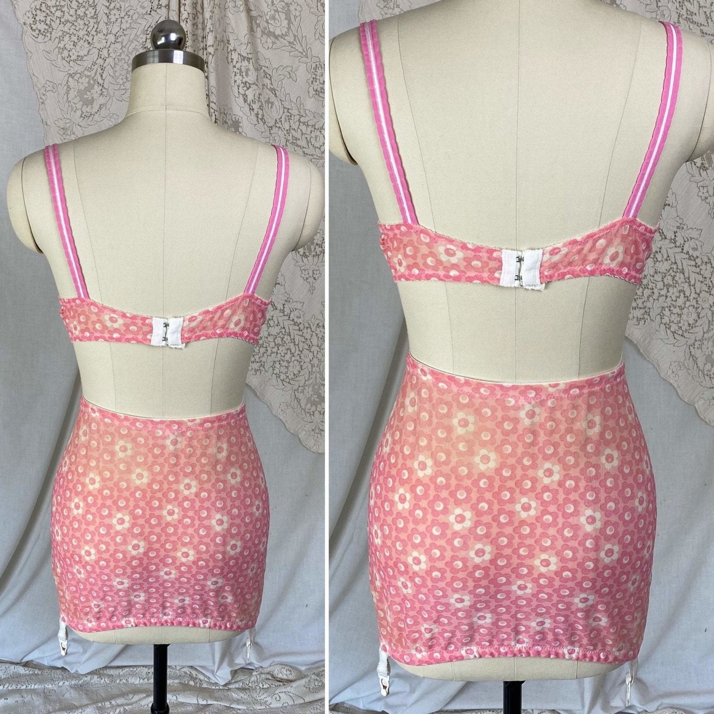 Vintage 1960's Bullet Bra & Girdle Lingerie Set | Bright Pink with floral Print | Size M, 36 B, 38 A - Daggers & Dames