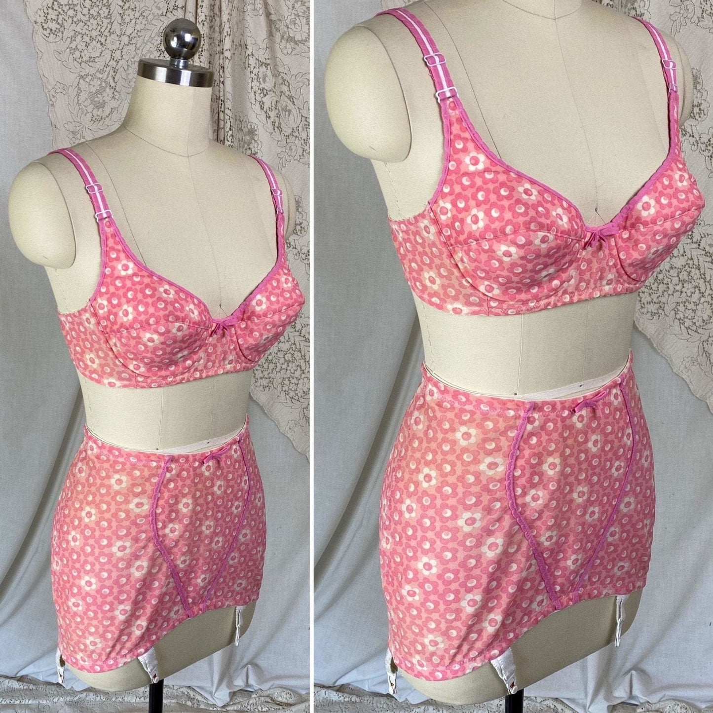 Vintage 1960's Bullet Bra & Girdle Lingerie Set | Bright Pink with floral Print | Size M, 36 B, 38 A - Daggers & Dames
