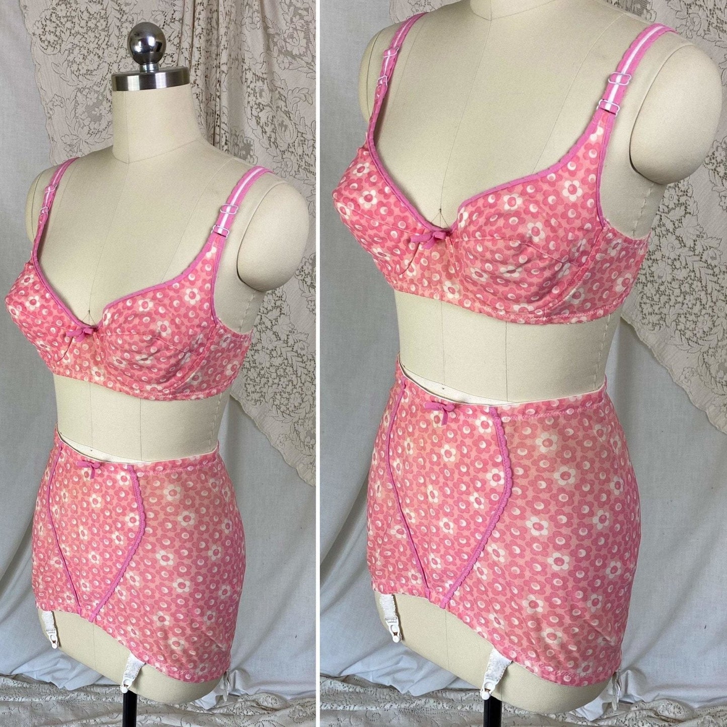 Vintage 1960's Bullet Bra & Girdle Lingerie Set | Bright Pink with floral Print | Size M, 36 B, 38 A - Daggers & Dames