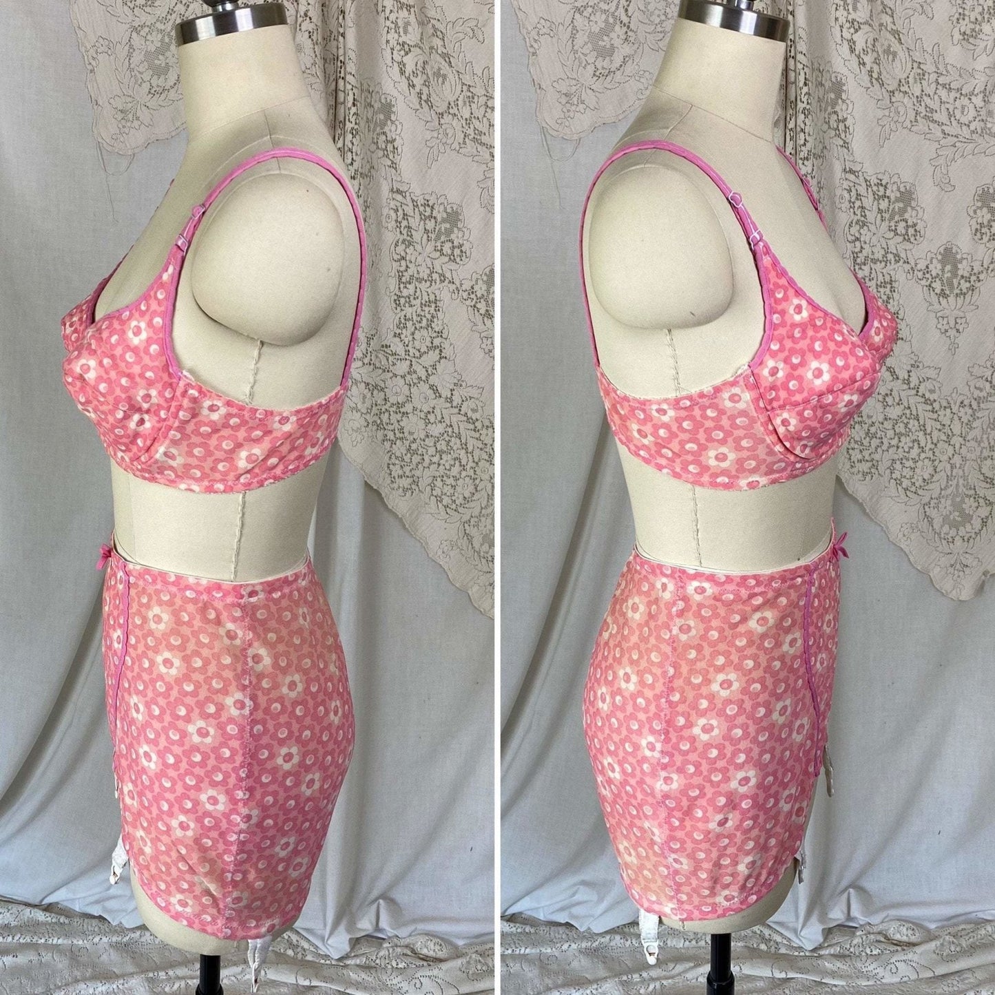 Vintage 1960's Bullet Bra & Girdle Lingerie Set | Bright Pink with floral Print | Size M, 36 B, 38 A - Daggers & Dames