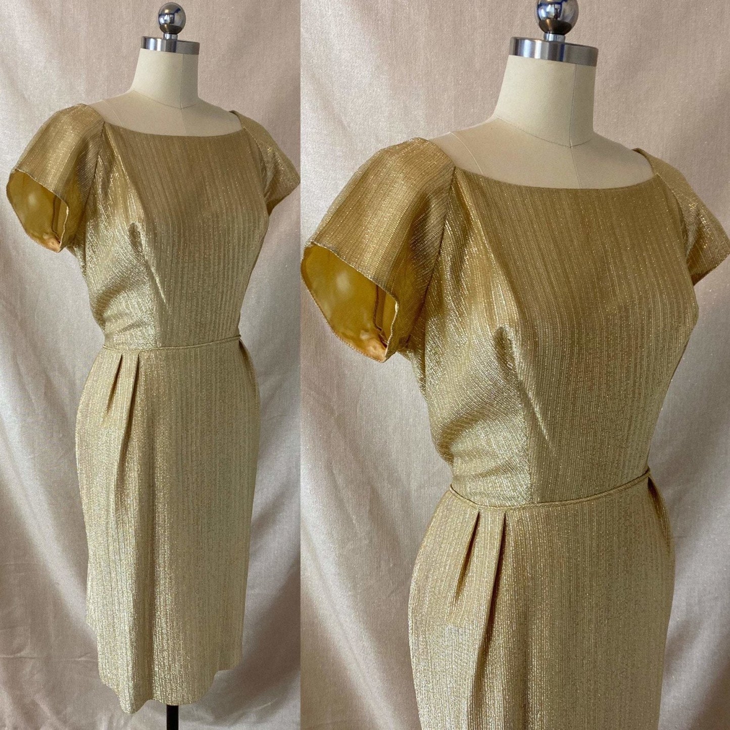Vintage 1960's Cocktail Wiggle Dress | Diva Gold Lurex Taffeta | Size 38 Bust, M - Daggers & Dames