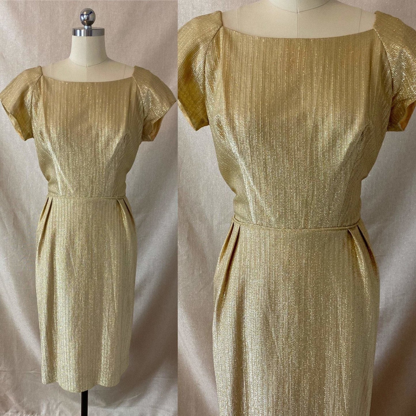 Vintage 1960's Cocktail Wiggle Dress | Diva Gold Lurex Taffeta | Size 38 Bust, M - Daggers & Dames