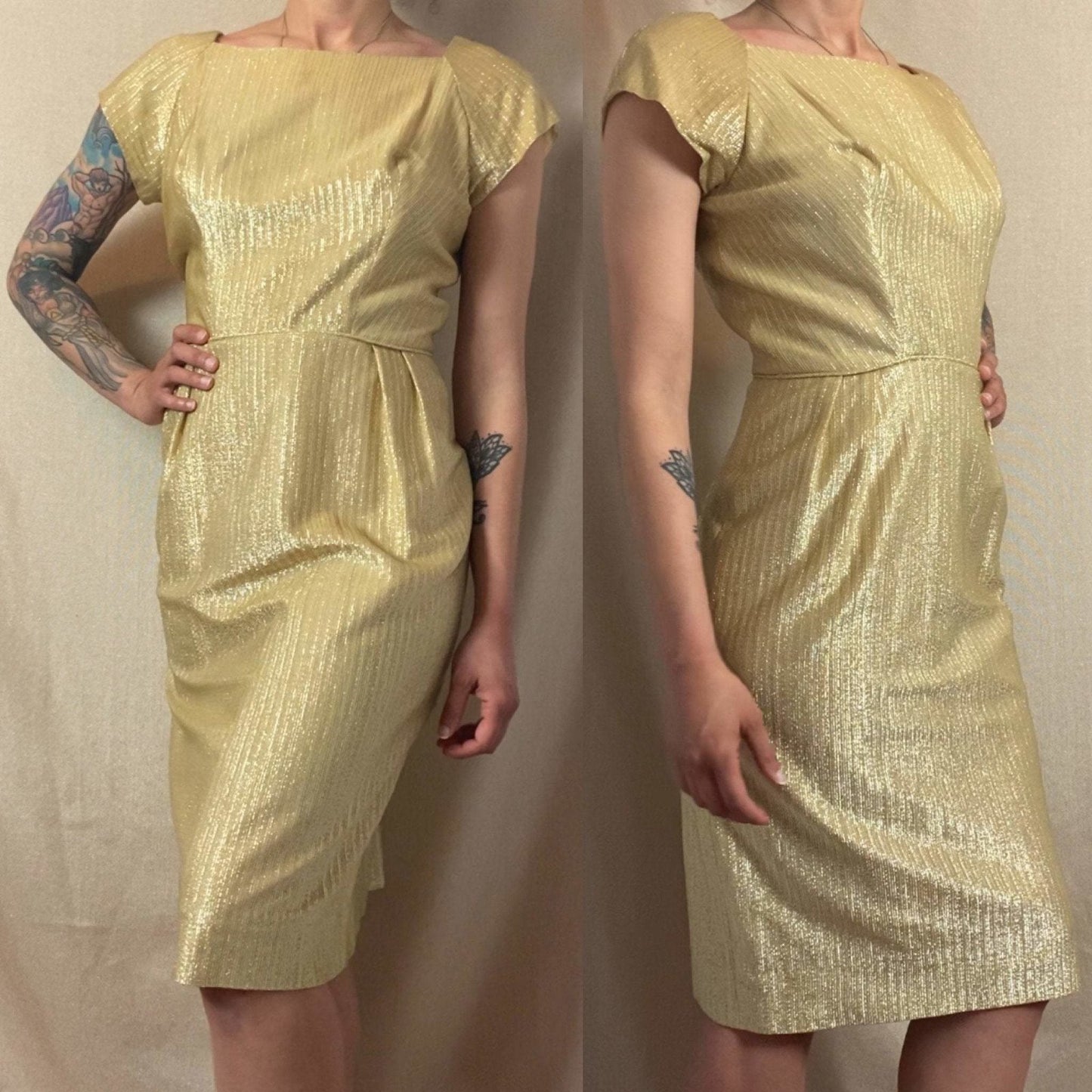 Vintage 1960's Cocktail Wiggle Dress | Diva Gold Lurex Taffeta | Size 38 Bust, M - Daggers & Dames