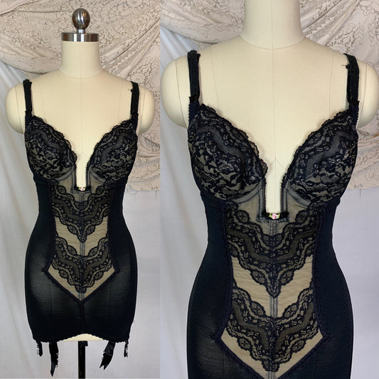 Vintage 1960's Corselette | Black Power Mesh with Nude Inlay under Lace & Deep Plunge Quilted Cup | Lady Marlene | Size 34 C, 36 B - Daggers & Dames