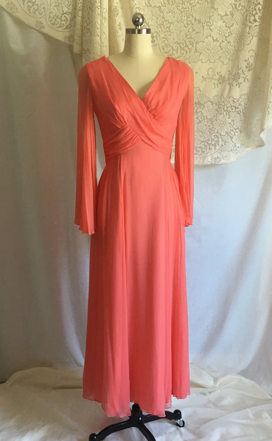 Vintage 1960's Dress | Coral Pink Rayon Chiffon with Angel Sleeves | Size XS - Daggers & Dames
