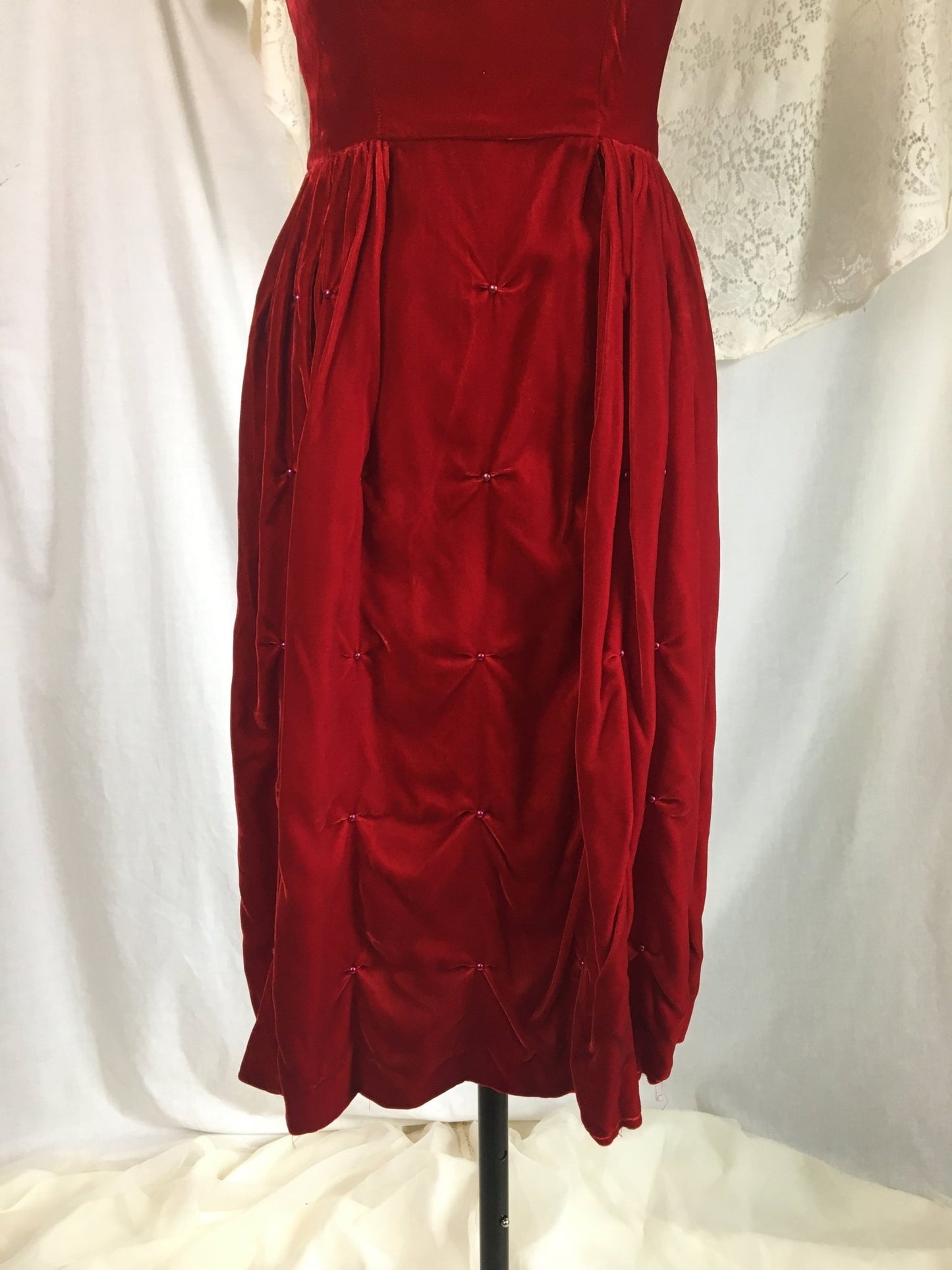 Vintage 1960's Dress | Rich Red Velvet with Ruched Hip & Bead Work | Size XXS - Daggers & Dames