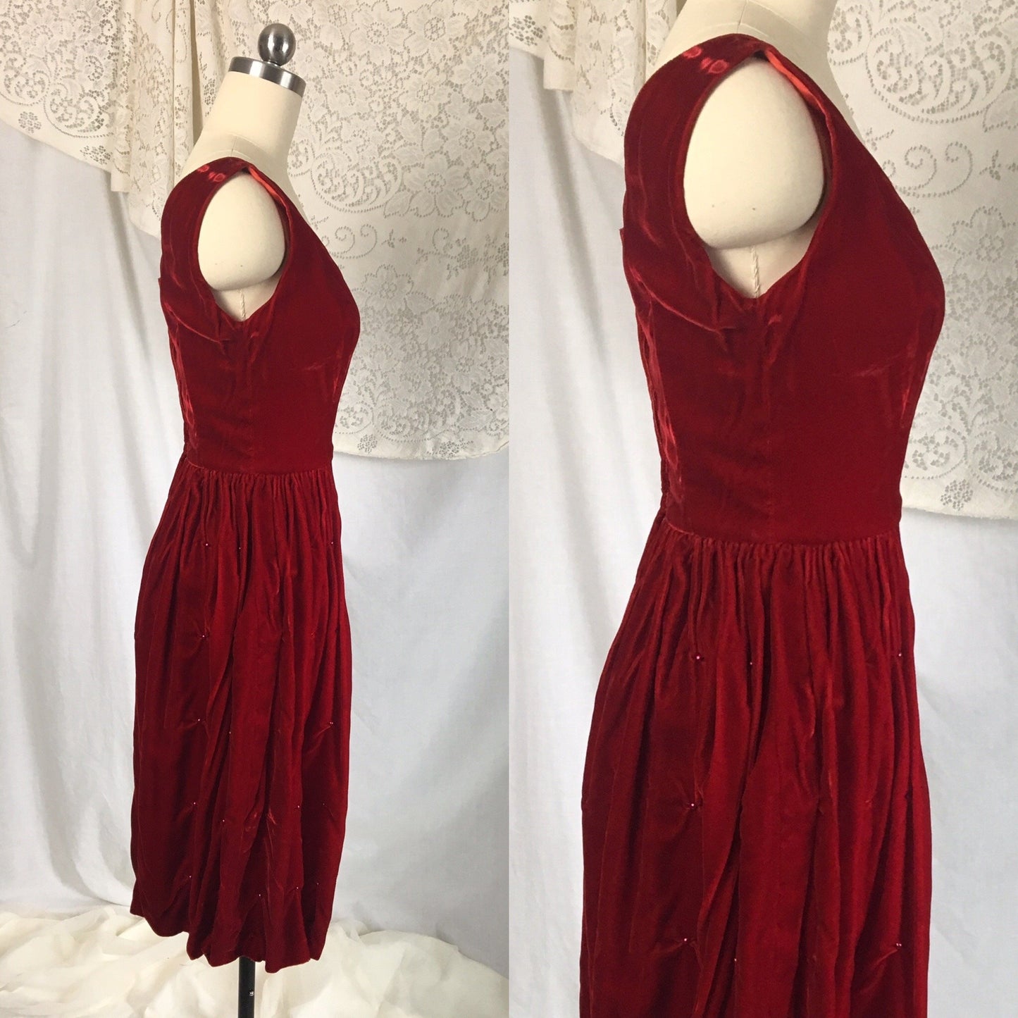 Vintage 1960's Dress | Rich Red Velvet with Ruched Hip & Bead Work | Size XXS - Daggers & Dames