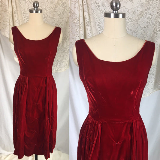 Vintage 1960's Dress | Rich Red Velvet with Ruched Hip & Bead Work | Size XXS - Daggers & Dames
