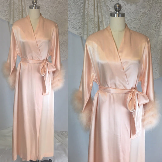 Vintage 1960's Dressing Gown | Pearly Peach Satin with Marabou Sleeves | Size S, MED, LG - Daggers & Dames