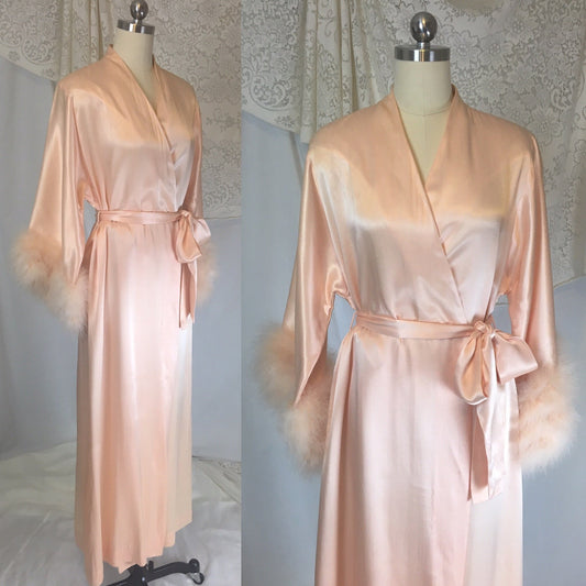 Vintage 1960's Dressing Gown | Pearly Peach Satin with Marabou Sleeves | Size S, MED, LG - Daggers & Dames