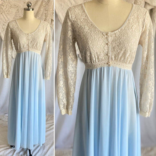 Vintage 1960's Dressing Gown Robe | Baby Blue Nylon with Ivory Spiderweb Lace | Size XS, S | Miss Elaine - Daggers & Dames