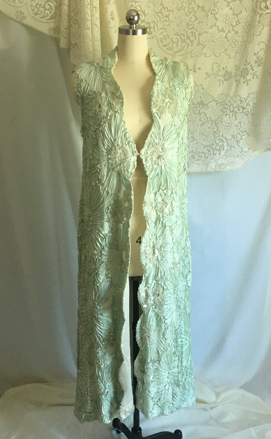 Vintage 1960's Duster Jacket | Celadon Green Ribbon Embroidery with White Satin Lining & Beadwork | Hippie Boho Dress | Size S, M, LG - Daggers & Dames