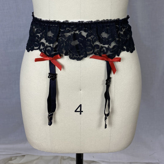 Vintage 1960's Garter Belt | Black Nylon Lace with Red Satin Bows | Size S, M | Frederick's of Hollywood - Daggers & Dames