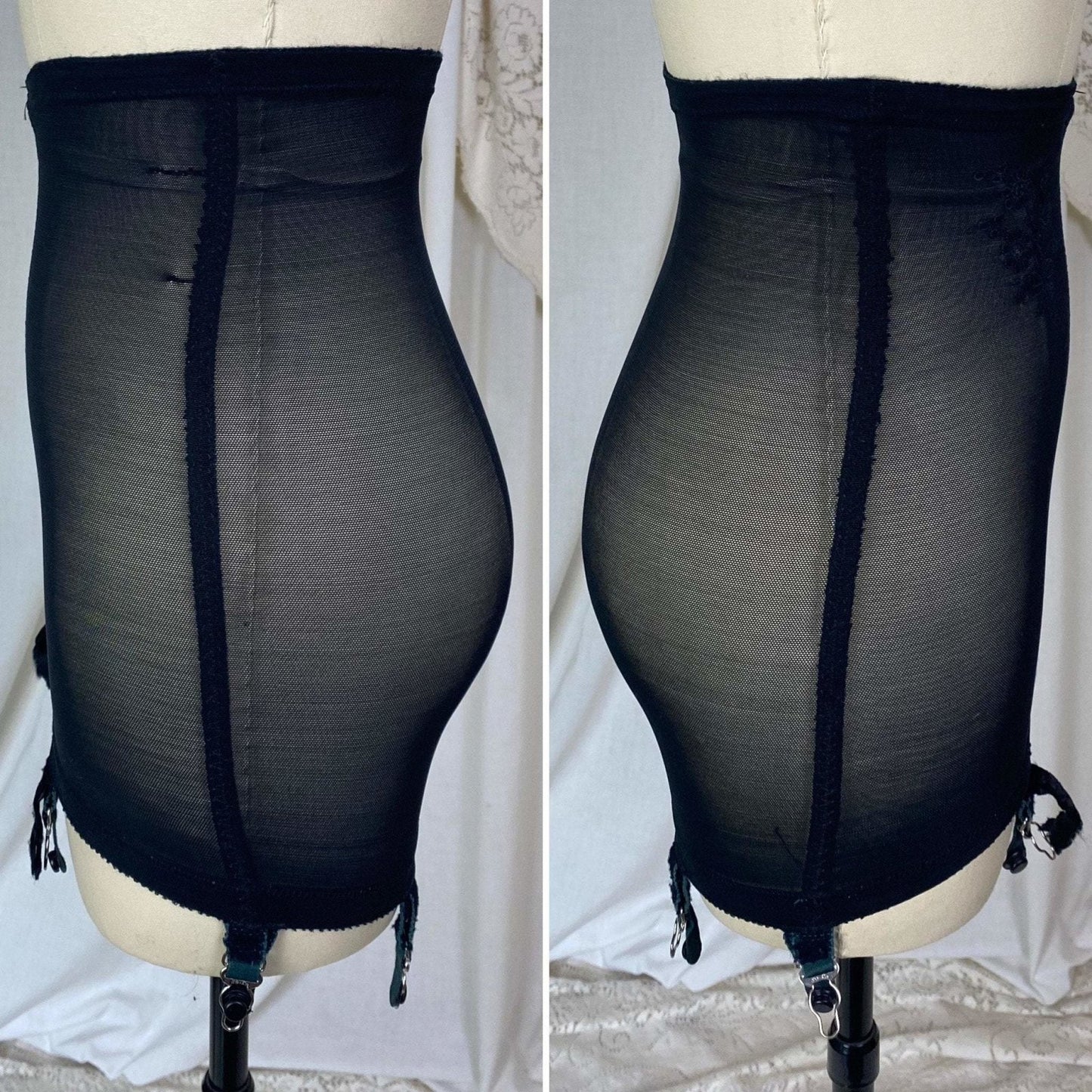 Vintage 1960's Girdle | Black Lycra Elastic Mesh with Floral Embroidery | Size XS, S | Warner's Little Godiva - Daggers & Dames