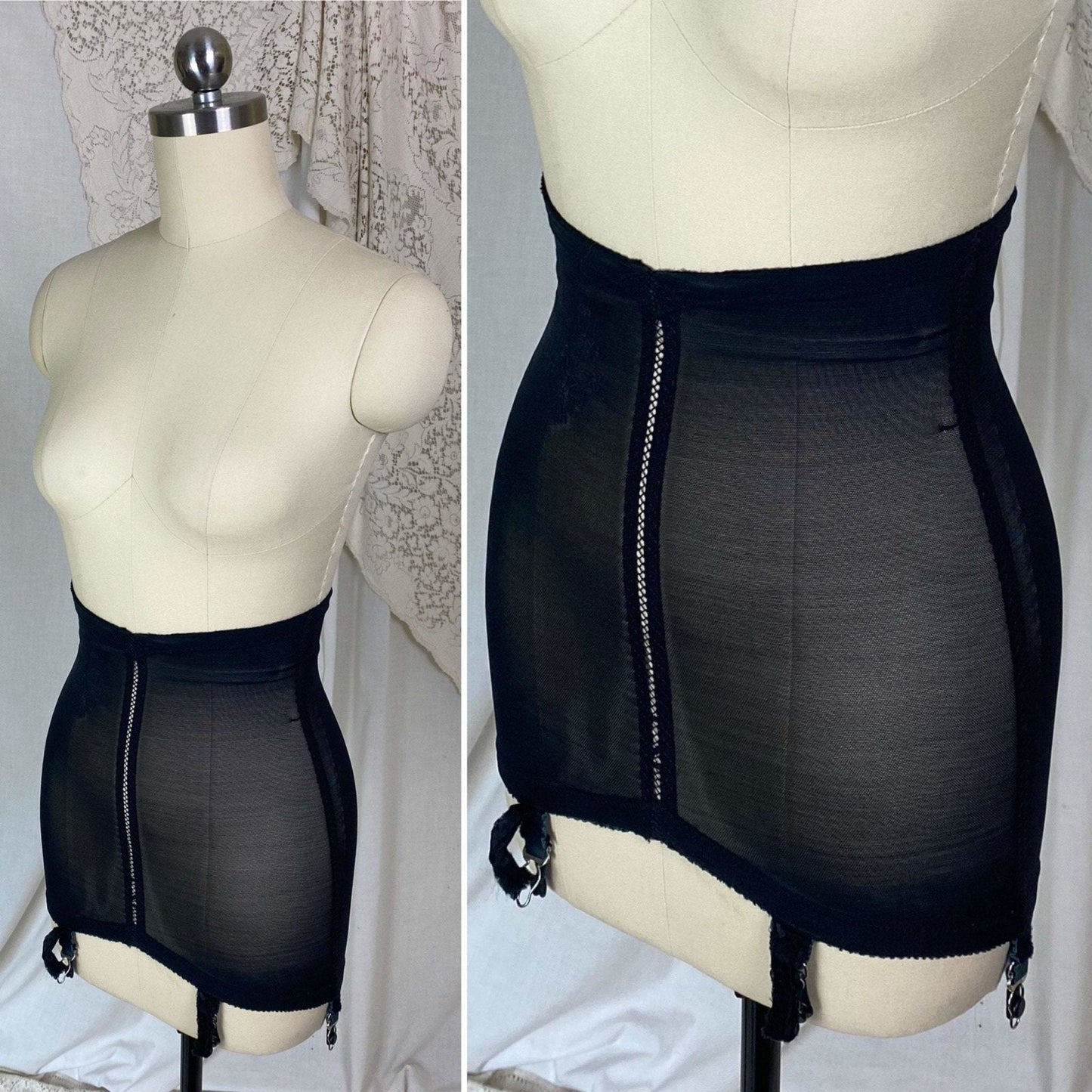 Vintage 1960's Girdle | Black Lycra Elastic Mesh with Floral Embroidery | Size XS, S | Warner's Little Godiva - Daggers & Dames