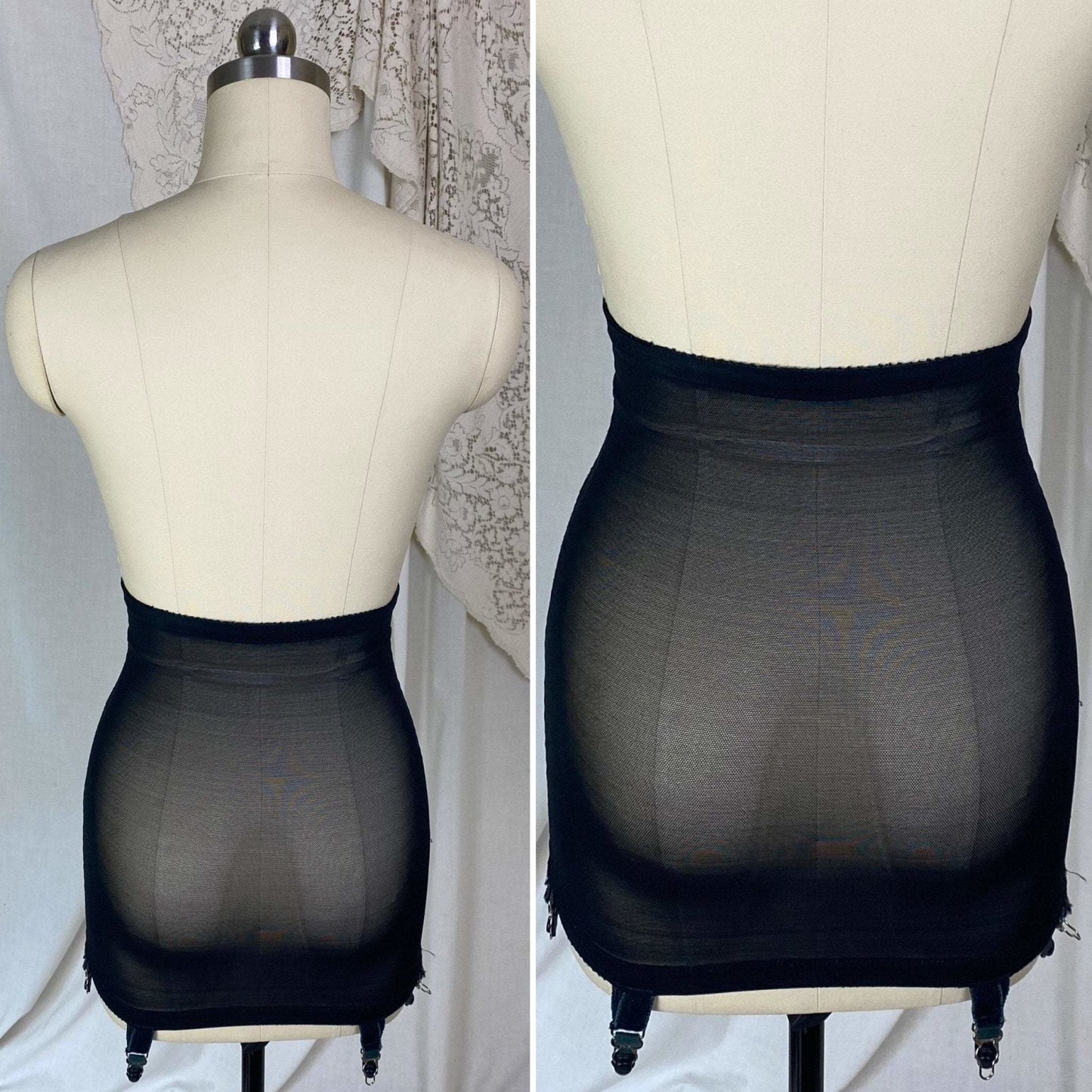 Vintage 1960's Girdle | Black Lycra Elastic Mesh with Floral Embroidery | Size XS, S | Warner's Little Godiva - Daggers & Dames