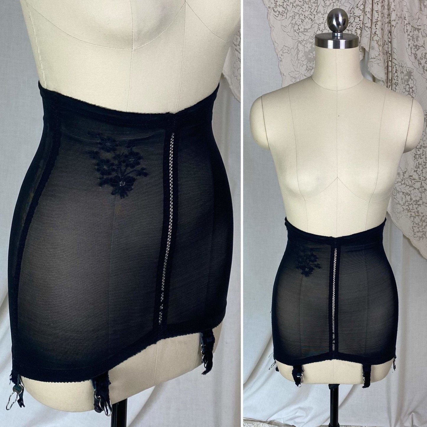 Vintage 1960's Girdle | Black Lycra Elastic Mesh with Floral Embroidery | Size XS, S | Warner's Little Godiva - Daggers & Dames