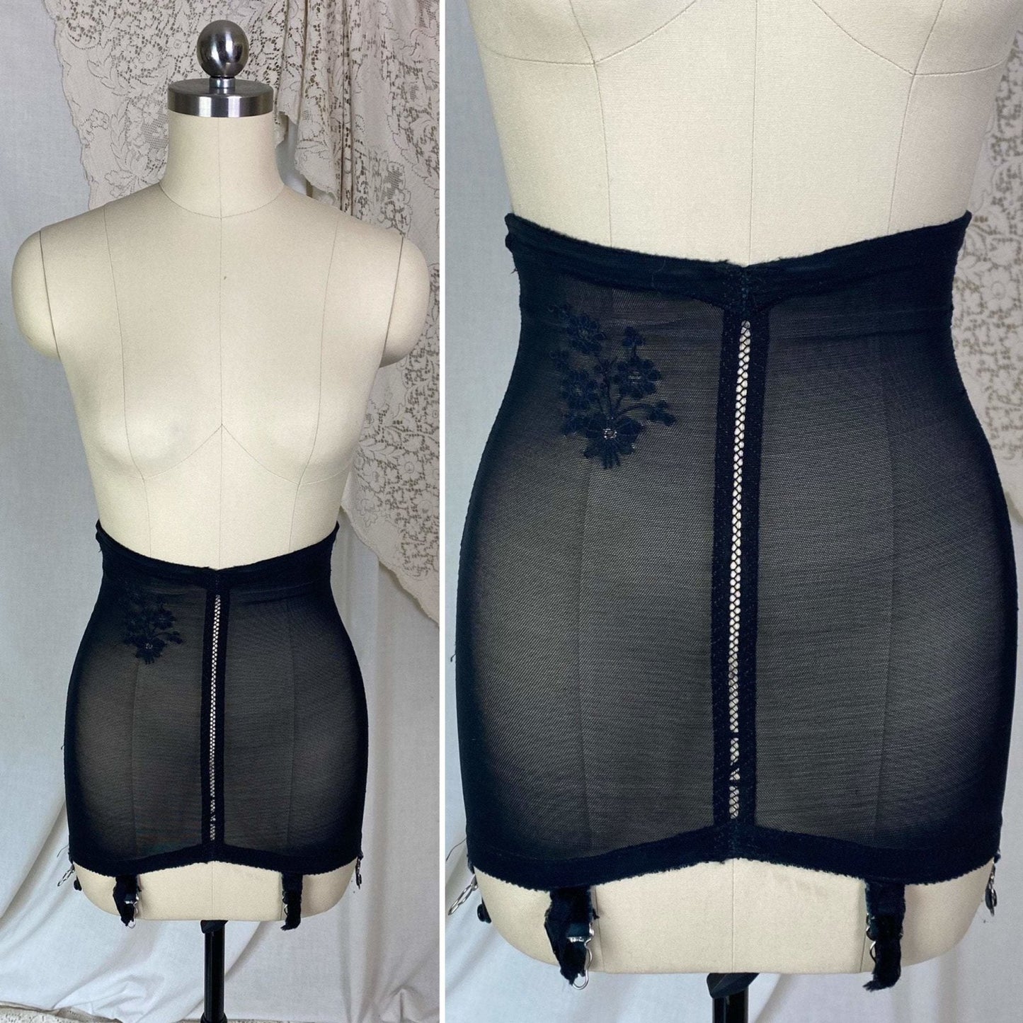 Vintage 1960's Girdle | Black Lycra Elastic Mesh with Floral Embroidery | Size XS, S | Warner's Little Godiva - Daggers & Dames
