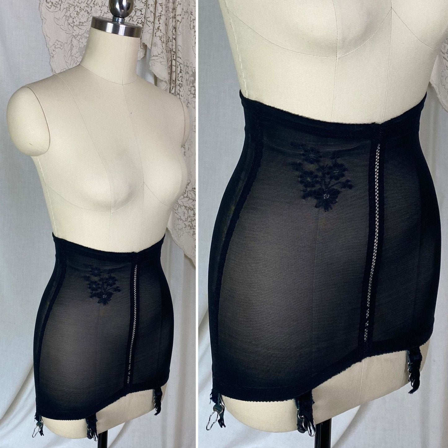 Vintage 1960's Girdle | Black Lycra Elastic Mesh with Floral Embroidery | Size XS, S | Warner's Little Godiva - Daggers & Dames