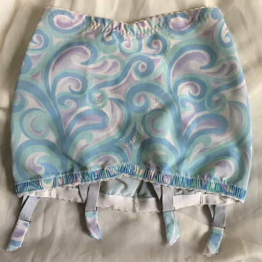 Vintage 1960's Girdle | Blue, Green, & Purple Swirl Pattern with Detachable Trolley Garters | AUBADE, Paris | Size XS, S, M - Daggers & Dames