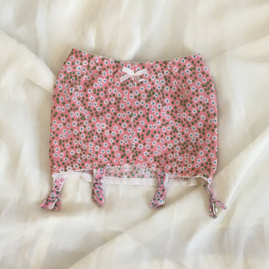 Vintage 1960's Girdle | Pink Floral Pattern with Green Spots Mesh | Low Waist with 4 Trolley Garter Straps | Size XS, S, M - Daggers & Dames