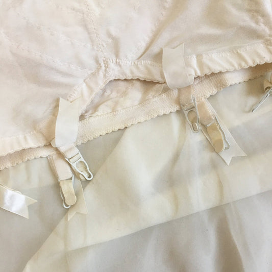Vintage 1960's Girdle | White Nylon with Ribbon Covered Garter Clips | Vanity Fair | 6 Garter Open Bottom Girdle | Size M - Daggers & Dames