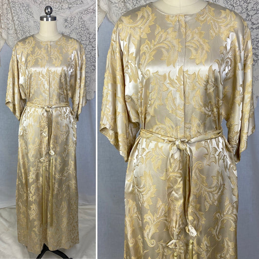Vintage 1960's Hostess Dress | Champagne Rayon Satin Damask with Fringe Sash Tie | Size S, M, LG | Peer - Daggers & Dames