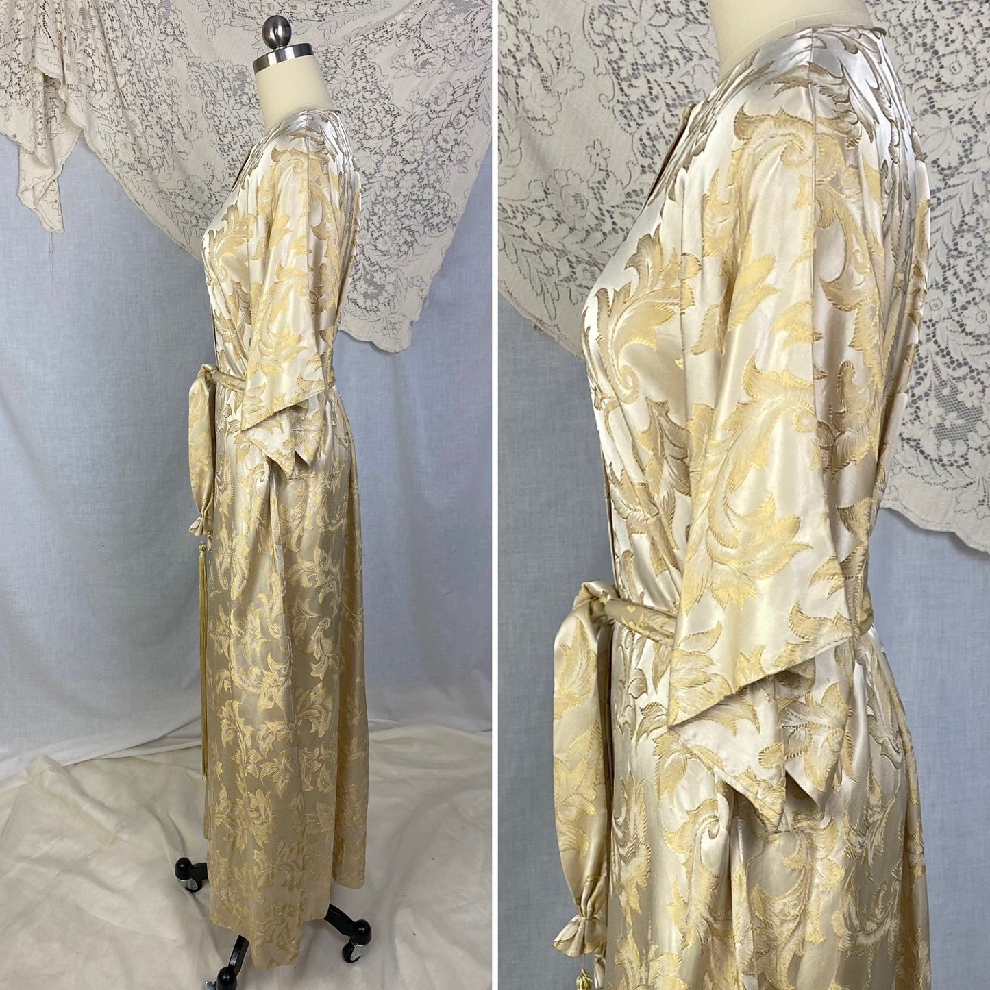 Vintage 1960's Hostess Dress | Champagne Rayon Satin Damask with Fringe Sash Tie | Size S, M, LG | Peer - Daggers & Dames