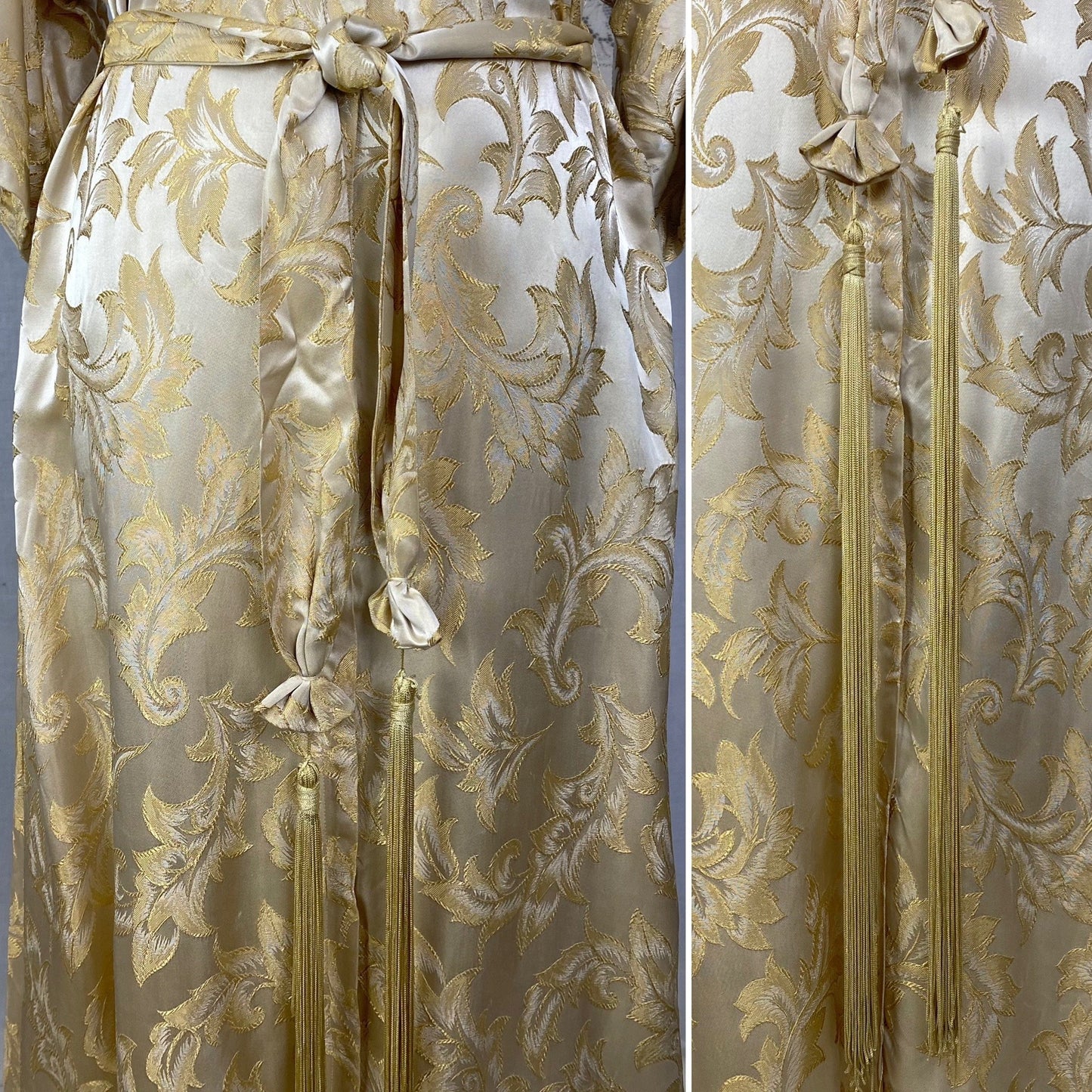Vintage 1960's Hostess Dress | Champagne Rayon Satin Damask with Fringe Sash Tie | Size S, M, LG | Peer - Daggers & Dames