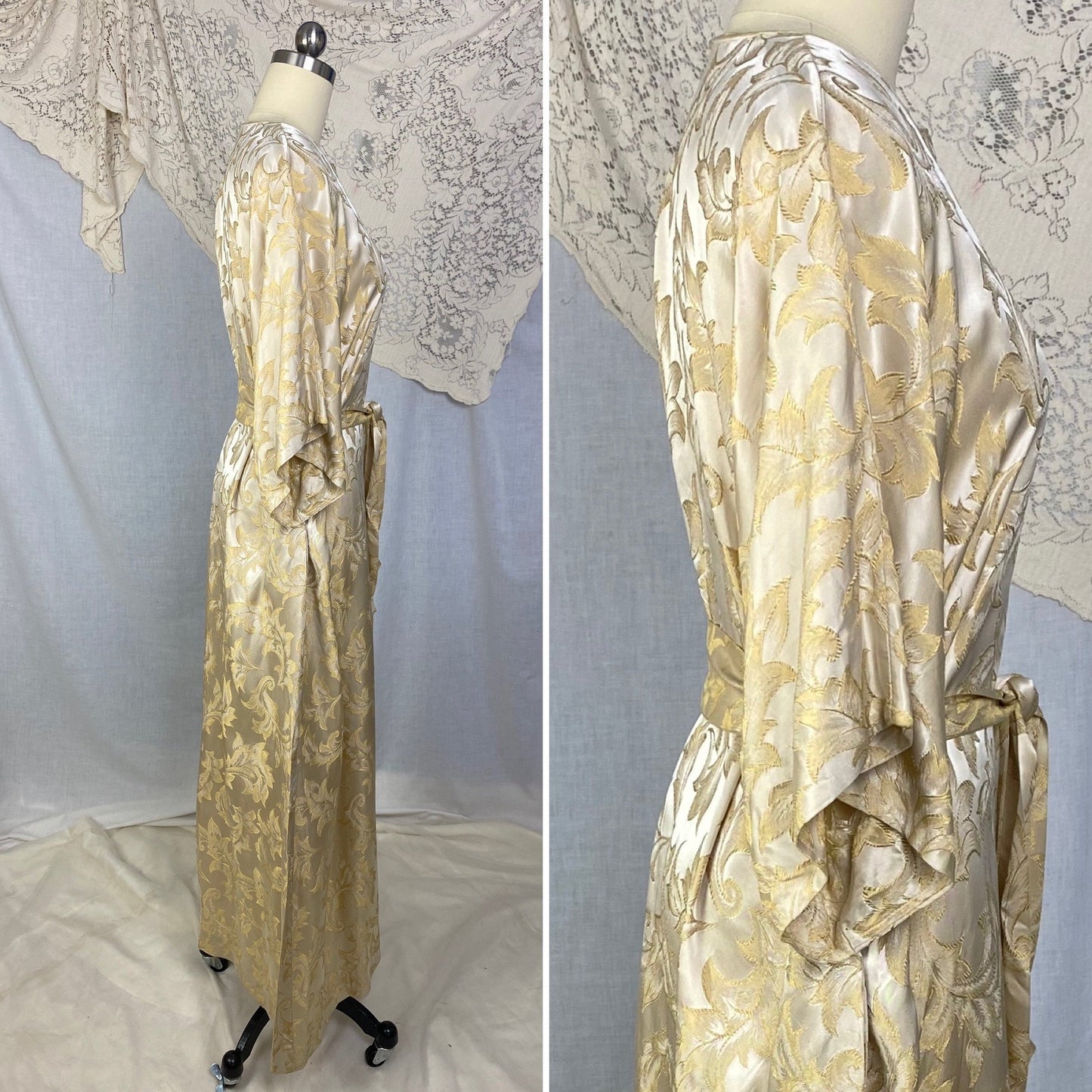 Vintage 1960's Hostess Dress | Champagne Rayon Satin Damask with Fringe Sash Tie | Size S, M, LG | Peer - Daggers & Dames
