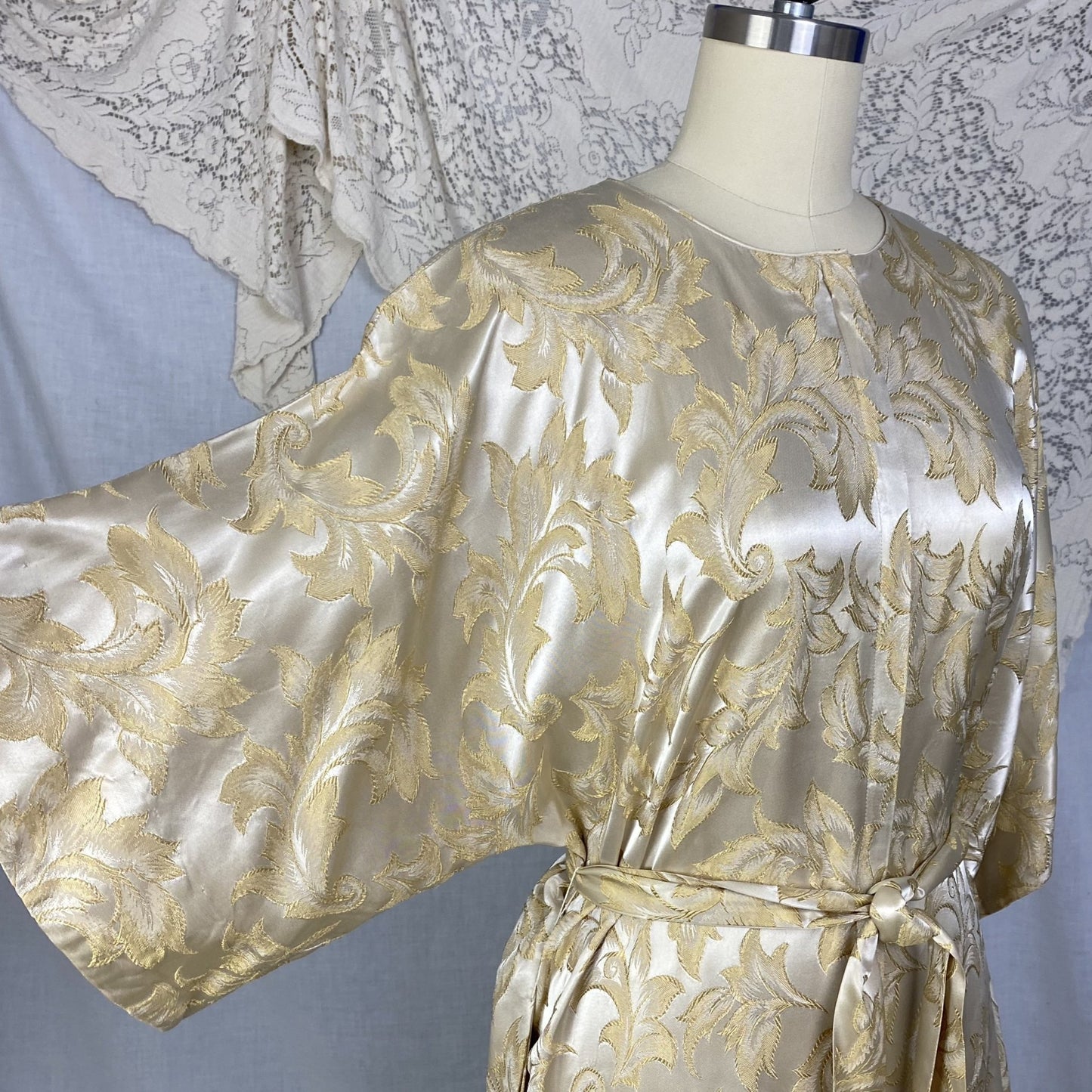 Vintage 1960's Hostess Dress | Champagne Rayon Satin Damask with Fringe Sash Tie | Size S, M, LG | Peer - Daggers & Dames
