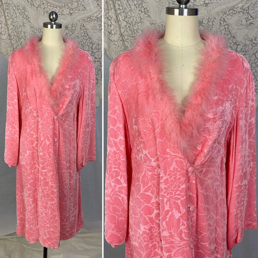 Vintage 1960's House Coat | Bright Bubblegum Pink Floral Embossed Velvet with Marabou Trim | Size M | Patrizia - Daggers & Dames