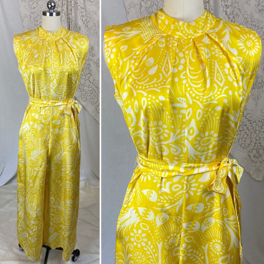Vintage 1960's Jumpsuit | Lemon Yellow Nylon Satin with White Tribal Print | Size XS, S | Ema - Acapulco - Daggers & Dames