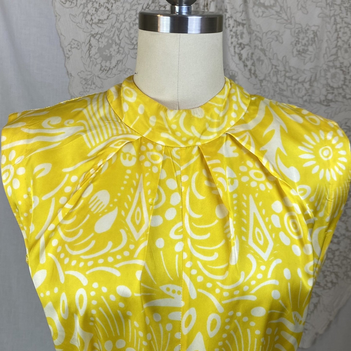 Vintage 1960's Jumpsuit | Lemon Yellow Nylon Satin with White Tribal Print | Size XS, S | Ema - Acapulco - Daggers & Dames