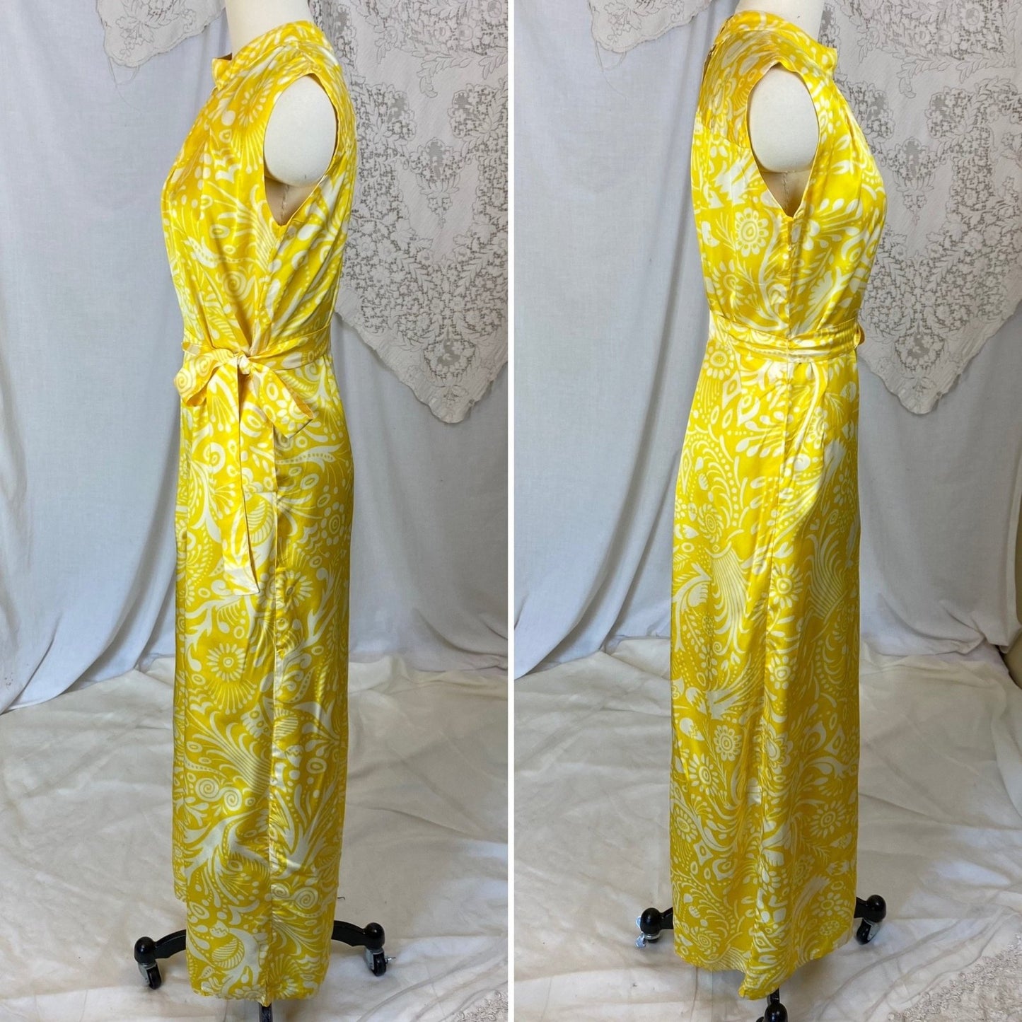 Vintage 1960's Jumpsuit | Lemon Yellow Nylon Satin with White Tribal Print | Size XS, S | Ema - Acapulco - Daggers & Dames