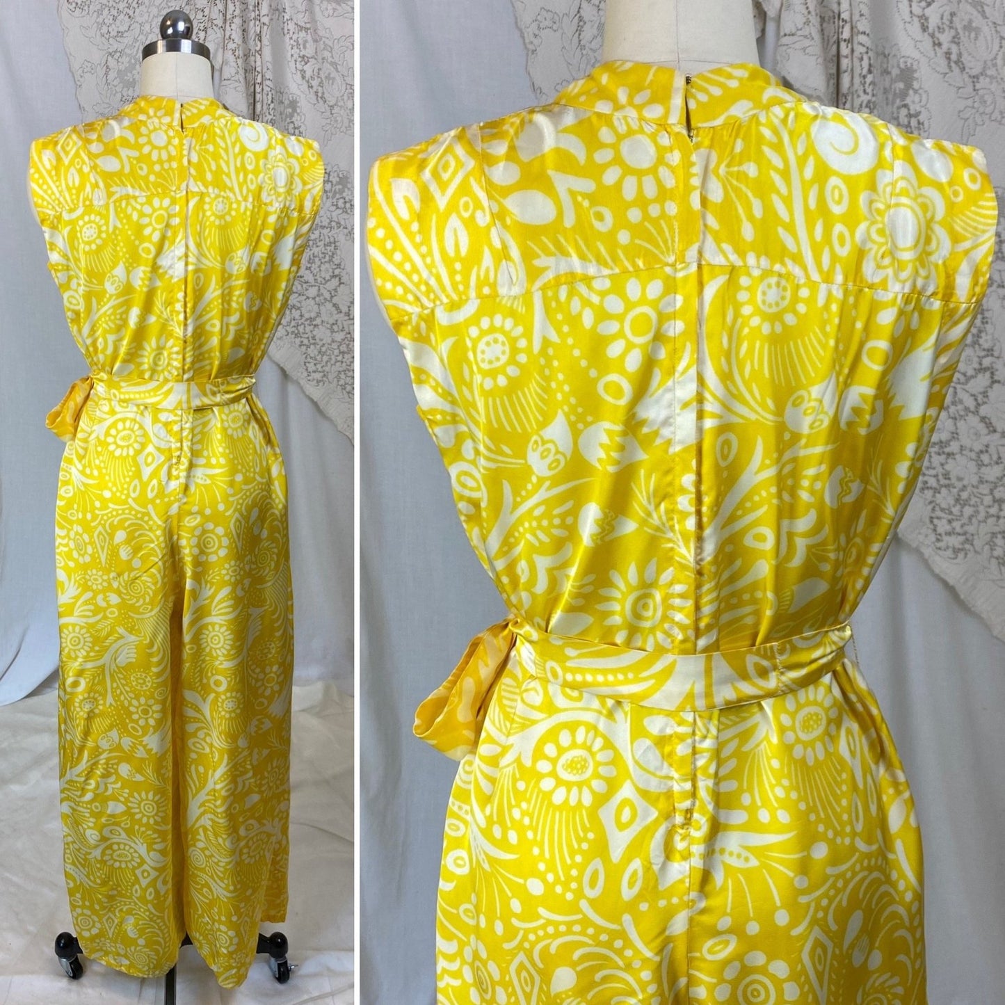 Vintage 1960's Jumpsuit | Lemon Yellow Nylon Satin with White Tribal Print | Size XS, S | Ema - Acapulco - Daggers & Dames