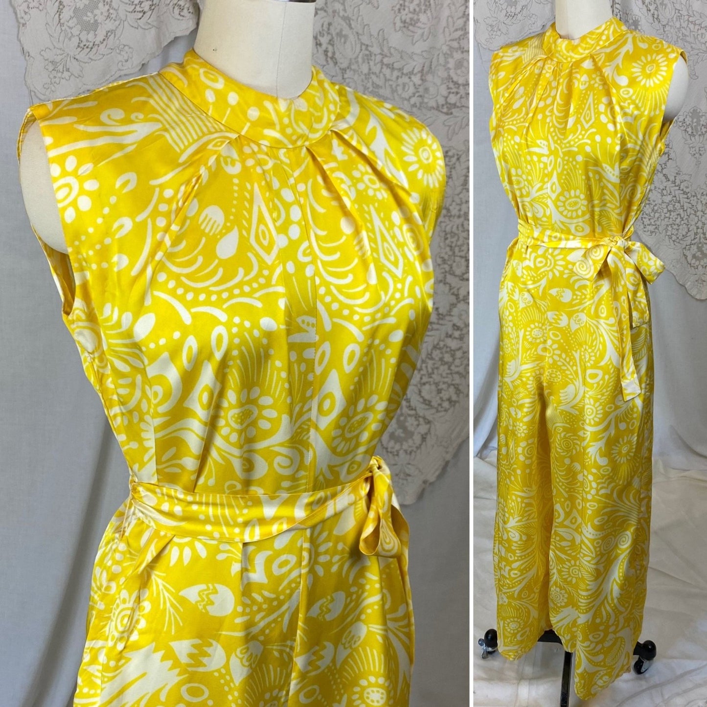 Vintage 1960's Jumpsuit | Lemon Yellow Nylon Satin with White Tribal Print | Size XS, S | Ema - Acapulco - Daggers & Dames