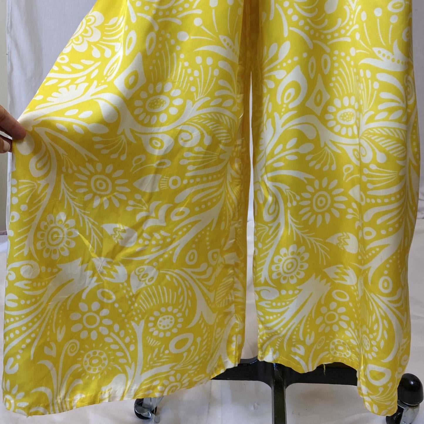 Vintage 1960's Jumpsuit | Lemon Yellow Nylon Satin with White Tribal Print | Size XS, S | Ema - Acapulco - Daggers & Dames