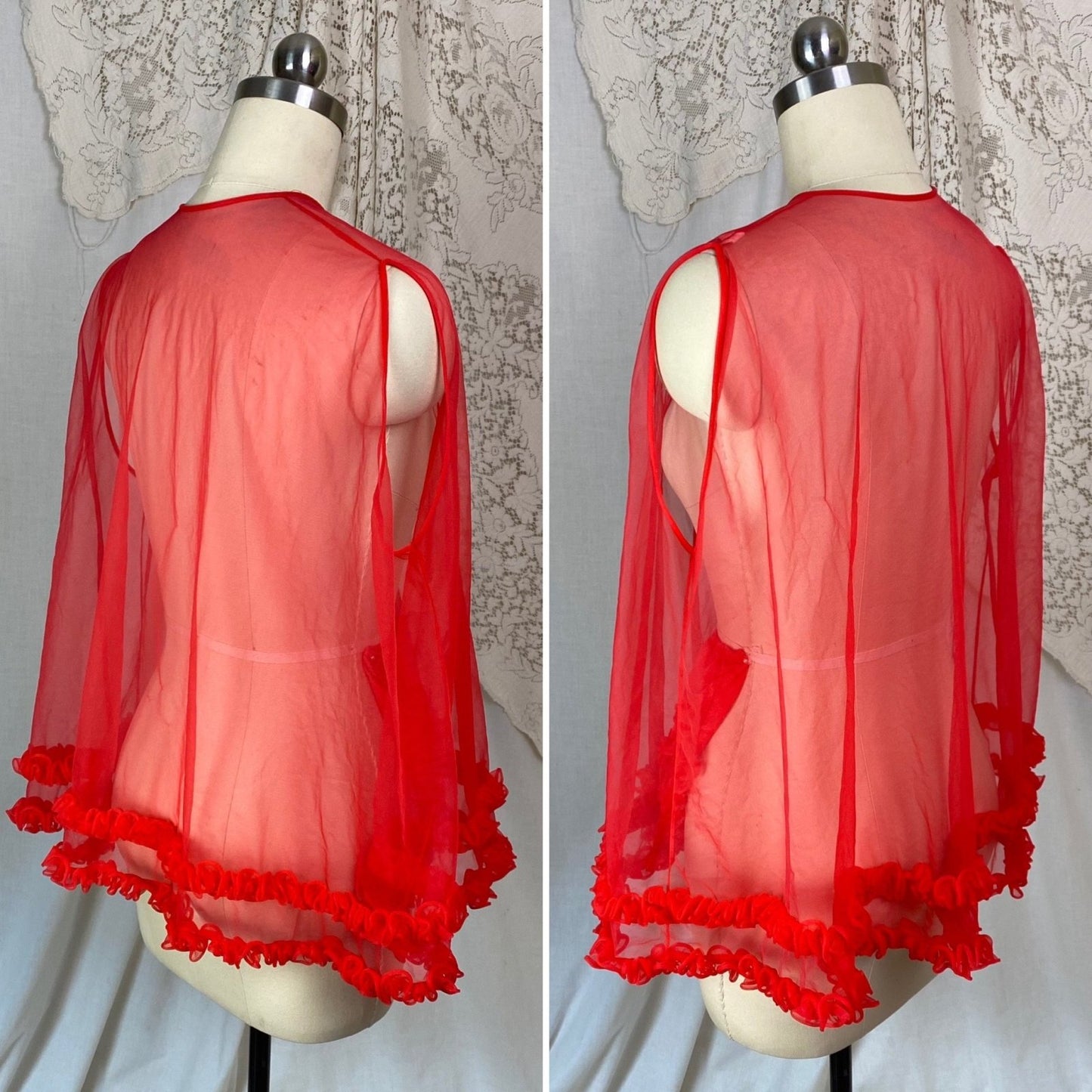 Vintage 1960's Lingerie Set | Sheer Red Nylon Chiffon with Ruffles | Size S, M - Daggers & Dames