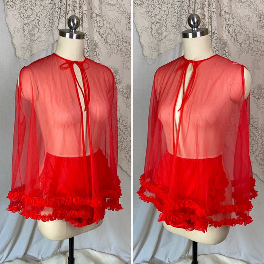 Vintage 1960's Lingerie Set | Sheer Red Nylon Chiffon with Ruffles | Size S, M - Daggers & Dames
