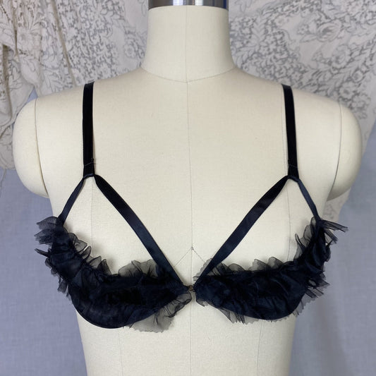 Vintage 1960's Lingerie Set | Sheer Ruffled Black Nylon Chiffon Shelf Bra & Crotchless Panty | Size XS, S, M | Never Worn - Daggers & Dames