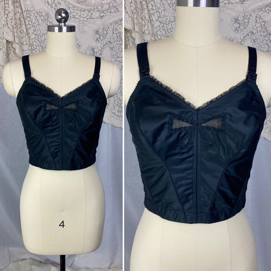 Vintage 1960's Longline Bra | Black Acetate Satin with Chiffon Bow Insert & Darted Bullet Cups | Size 36 C | Bali - Daggers & Dames