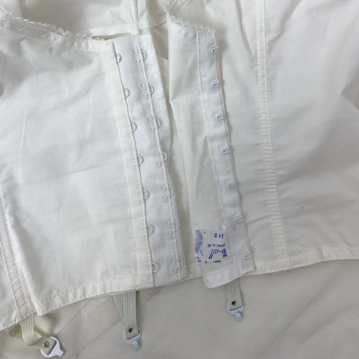 Vintage 1960's Longline Bullet Bra | Crisp White Cotton with Lace Edging & Girdle Hooks | Size 34 B | Do-All -New with Tags - Daggers & Dames